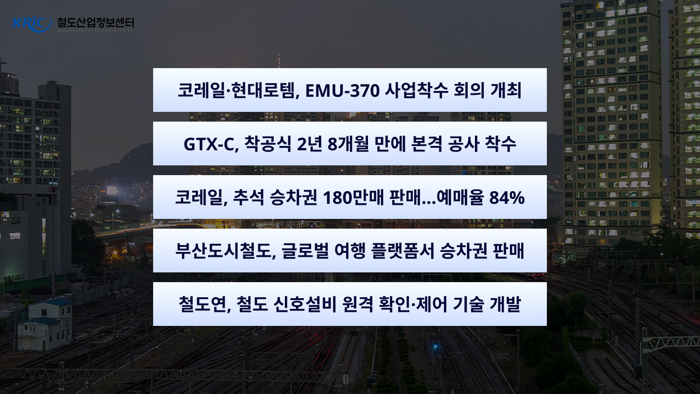 [철도산업 NEWS 24] 9월 3주차 국내철도 헤드라인...'코레일, EMU-370 사업착수 회의 개최' 외